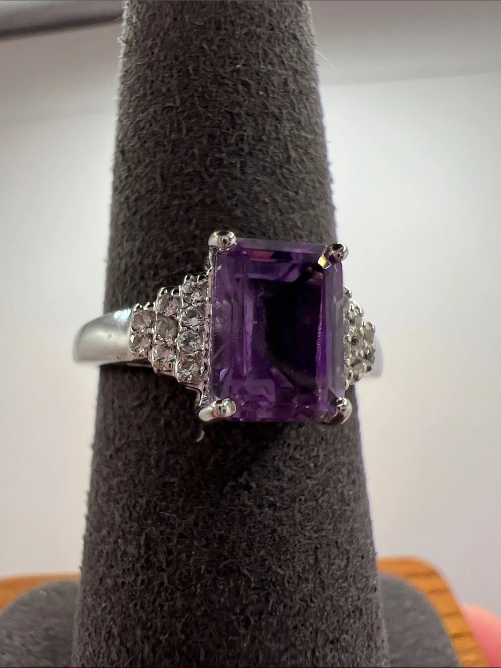 Genuine Amethyst Emerald-Cut Cocktail Ring set in .925 Sterling Silver - Size 7
